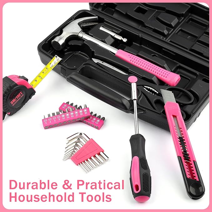 SenHodyu Pink Tool Set for Women-40 Piece General Household Hand Tool Box with Plastic Toolbox Storage Case Tool Kit (Pink)