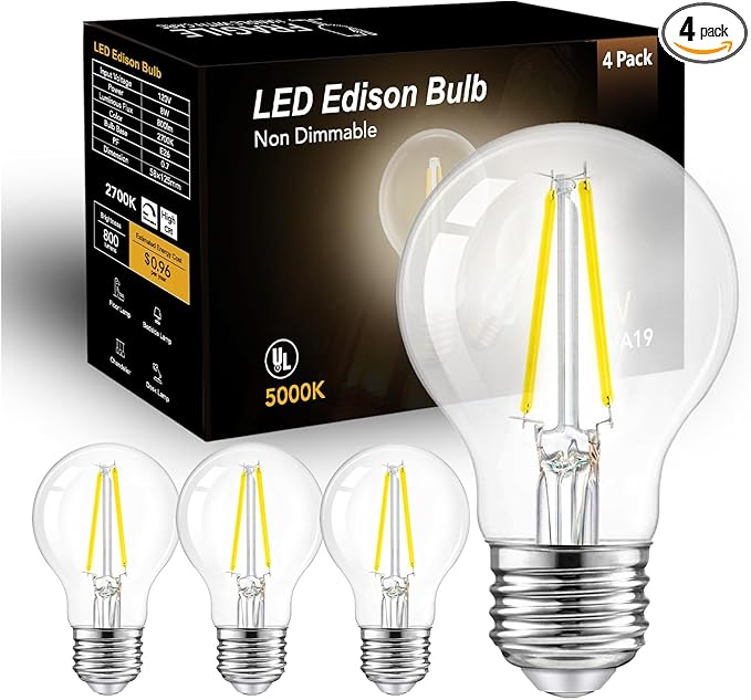dalattin A19 Vintage LED Edison Bulbs, 60W Equivalent Light Bulbs, 5000K Daylight White, Clear Glass Filament Bulb, Efficient 8W, E26 Base, 800 LM, CRI80+, Non-Dimmable for Home, Farmhouse, 4 Pack