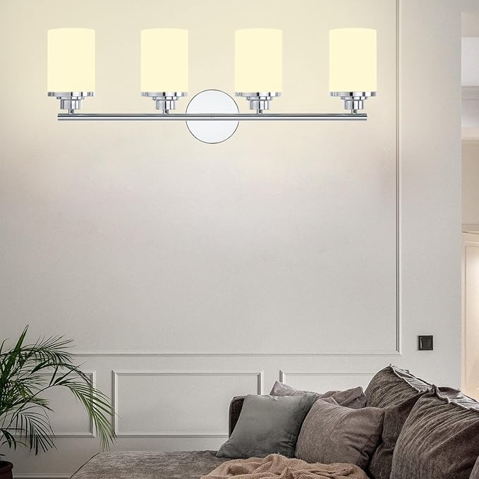 Chrome Bathroom Light Fixtures,4-Light Chrome Vanity Lights,Chrome Bathroom Lights Over Mirror,Mid-Century Modern Sconce with Frosted Glass