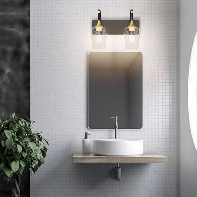 Ralbay Black/Gold Vanity Light 2 Lights Industrial Bathroom Light Fixtures Over Mirror with Clear Glass Black Bathroom Wall Mount Lighting Sconce