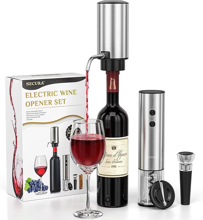 Secura Rechargeable Electric Wine Opener Set, 4-in-1 Wine Set with Electric Corkscrew Wine Opener, Electric Wine Aerator & Dispenser, Foil Cutter, Vacuum Wine Stopper for Wine Lovers, Silver