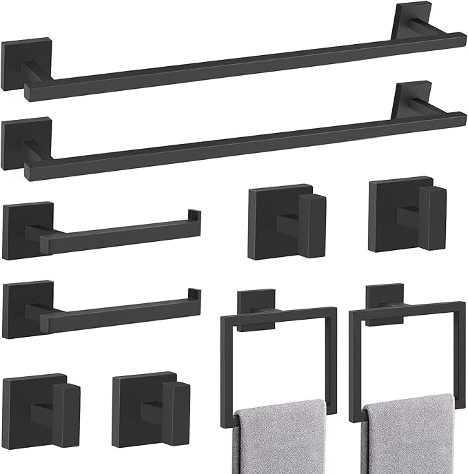 TQKAG Matte Black Bathroom Hardware Accessories Set 10 Pieces, 23.6" SUS304 Stainless Steel Towel Bar Set Wall Mounted Includes Single Towel Bar, Towel Ring, Toilet Paper Holder, Double Towel Hooks