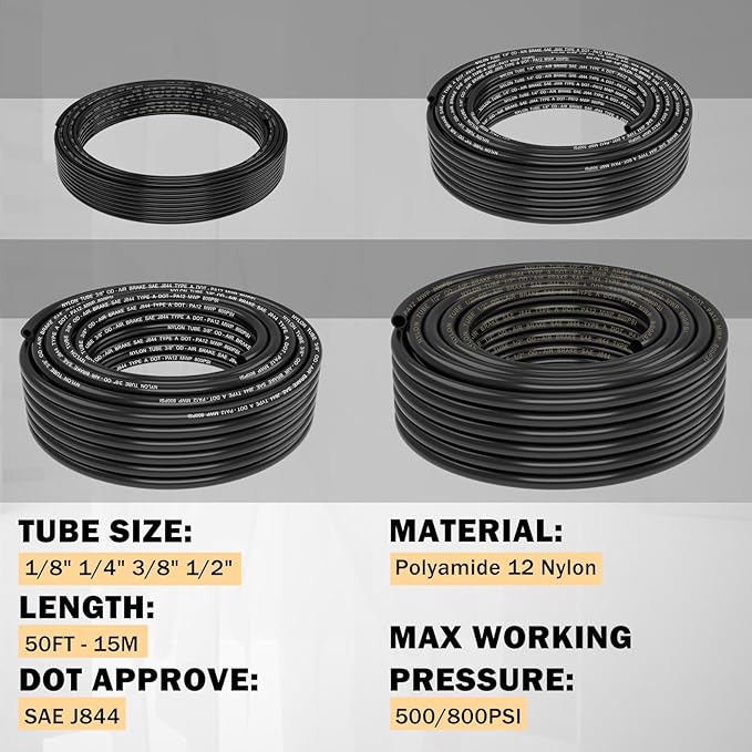 CheeMuii 124 PCS Brass DOT Air Line Fittings with 4 Roll 100FT 1/8" 1/4" 3/8" 1/2" DOT Air Lines Kit Push Lock Air Fitting Quick Connect Air Fittings with Air Hose Pneumatic Tubing