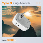 TESSAN Brazil Power Adapter, 7 in 1 US to Brazil Adapter Plug with 3 USB Ports (2 USB C) 4 American Outlets, Type N Travel Adaptor for USA to Brazilian Brasil