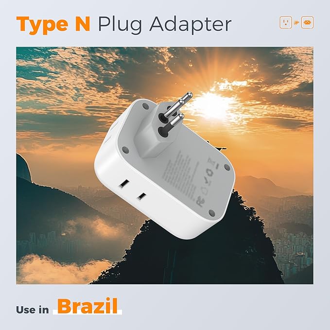 TESSAN Brazil Power Adapter, 7 in 1 US to Brazil Adapter Plug with 3 USB Ports (2 USB C) 4 American Outlets, Type N Travel Adaptor for USA to Brazilian Brasil
