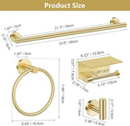 TQKAG 5 Piece Bathroom Towel Bar Holder Sets Brushed Gold Bathroom Hardware Set Stainless Steel Toilet Paper Holder with Shelf Bathroom Accessories Kit Wall Mounted