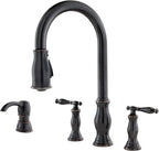 Pfister Hanover Kitchen Faucet with Pull Down Sprayer and Soap Dispenser, 2-Handle, 4-Hole, High Arc, Tuscan Bronze Finish, F5314HNY