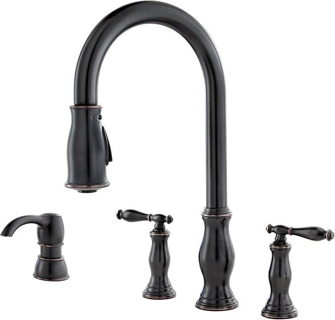 Pfister Hanover Kitchen Faucet with Pull Down Sprayer and Soap Dispenser, 2-Handle, 4-Hole, High Arc, Tuscan Bronze Finish, F5314HNY