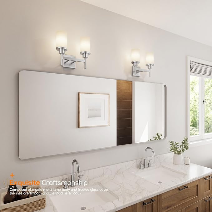 Bathroom Light Fixtures Brushed Nickel Vanity Lights with White Frosted Glass Shade, Double Wall Lamps for Mirror Kitchen Living Room Porch T001BR-L2