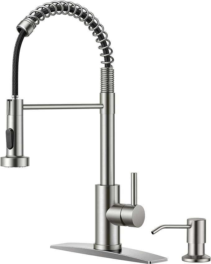 FORIOUS Kitchen Faucet with Soap Dispenser, Brushed Nickel Stainless Steel Spring Sink Faucet with Pull Down Sprayer Transitional Single Handle for Pot Filler, Farmhouse Camper Bar Laundry Room