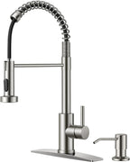 FORIOUS Kitchen Faucet with Soap Dispenser, Brushed Nickel Stainless Steel Spring Sink Faucet with Pull Down Sprayer Transitional Single Handle for Pot Filler, Farmhouse Camper Bar Laundry Room