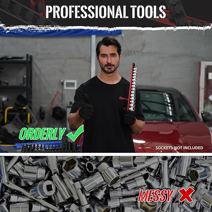 Magnetic Socket Organizer, 3-Piece Heavty Duty Aluminum Socket Holder, Socket Rail for Tool Box, Premium Quality 360° Swivel Socket Rack with 36 Clips for 1/2-Inch(Red)