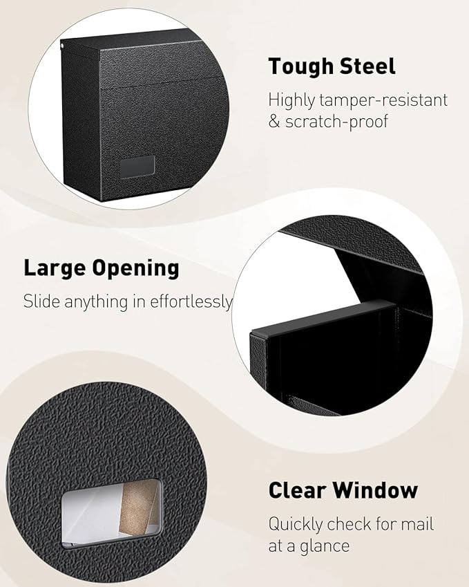 Uniclife Wall Mount Mailbox for Outside, Large Metal Mail Box for Home, Heavy Duty Modern Post Box Letters Drop Box for Outdoor Office (No Lock)