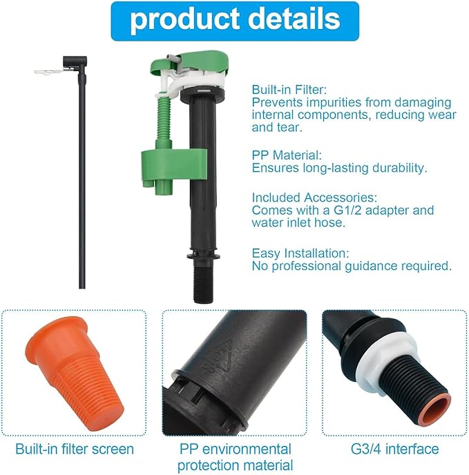 Toilet Fill Valve, Compatible With TOTO Vintage Supply Valve With G3/4 Connection, Equipped With G1/2 Adapter, Filter & Supply Tube, WC Replacement Part, Repair Accessory