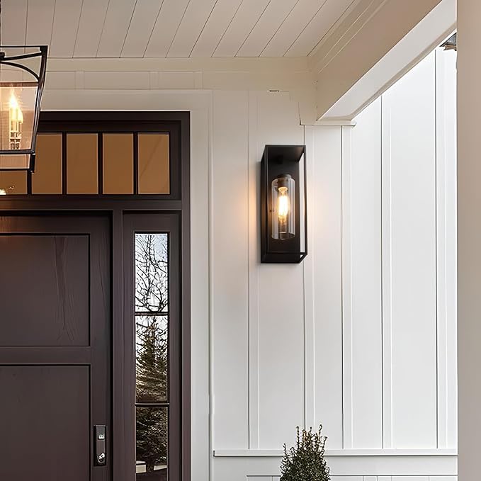mirrea 18" Dusk to Dawn Outdoor Wall Sconce 1 Light in Cylinder Glass Shade and Matte Black Rectangular Metal Frame Waterproof Porch Light Patio Light Pack of 2