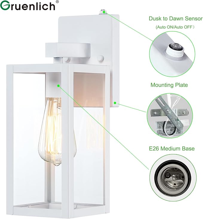 GRUENLICH Dusk to Dawn Large Outdoor Wall Lantern, Wall Sconce as Porch Lighting Fixture, E26 Base Max 60W, Metal Housing with Glass Shade (White, 1-Pack)