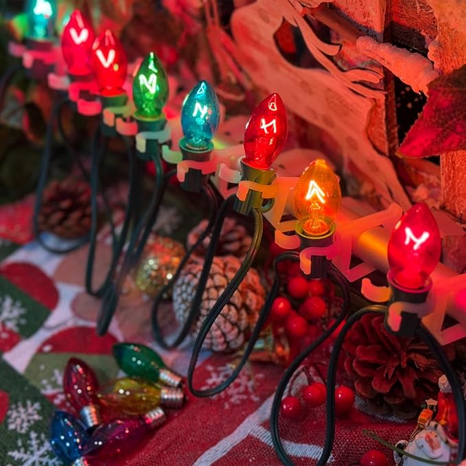 SUNSGNE C7 Multicolor Christmas Replacement Bulbs, Clear Multicolor Incandescent Light Bulbs for C7 Outdoor Patio Christmas String Lights, E12 Candelabra Base, 5 Watt, 25 Pack