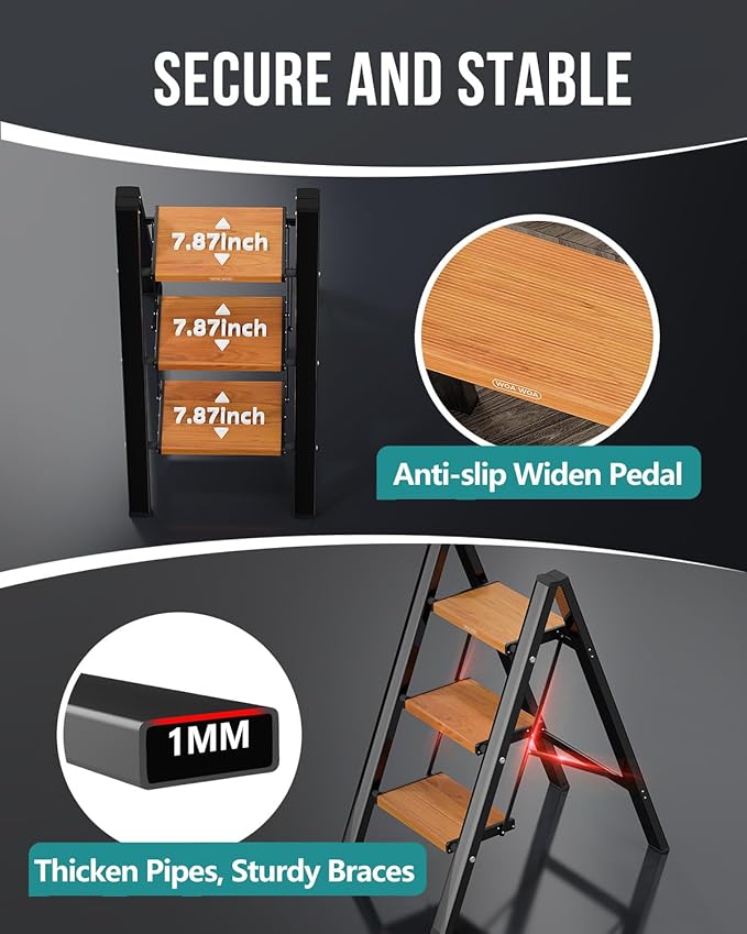 WOA WOA Step Ladder with Widened Pedals, Folding Step Stool with Anti-Slip Feet, Portable Home Ladder for Adults, Kitchen Small Stepladder 300 lbs Capacity (3 Step, Black & Wood Grain)