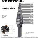 3/16 to 7/8 Inch Step Drill Bit Straight Grooved Double Fluted, M2 High Speed Steel Drill bits for Hole Drilling in Stainless Steel, Copper, Aluminum, Wood, Plastic