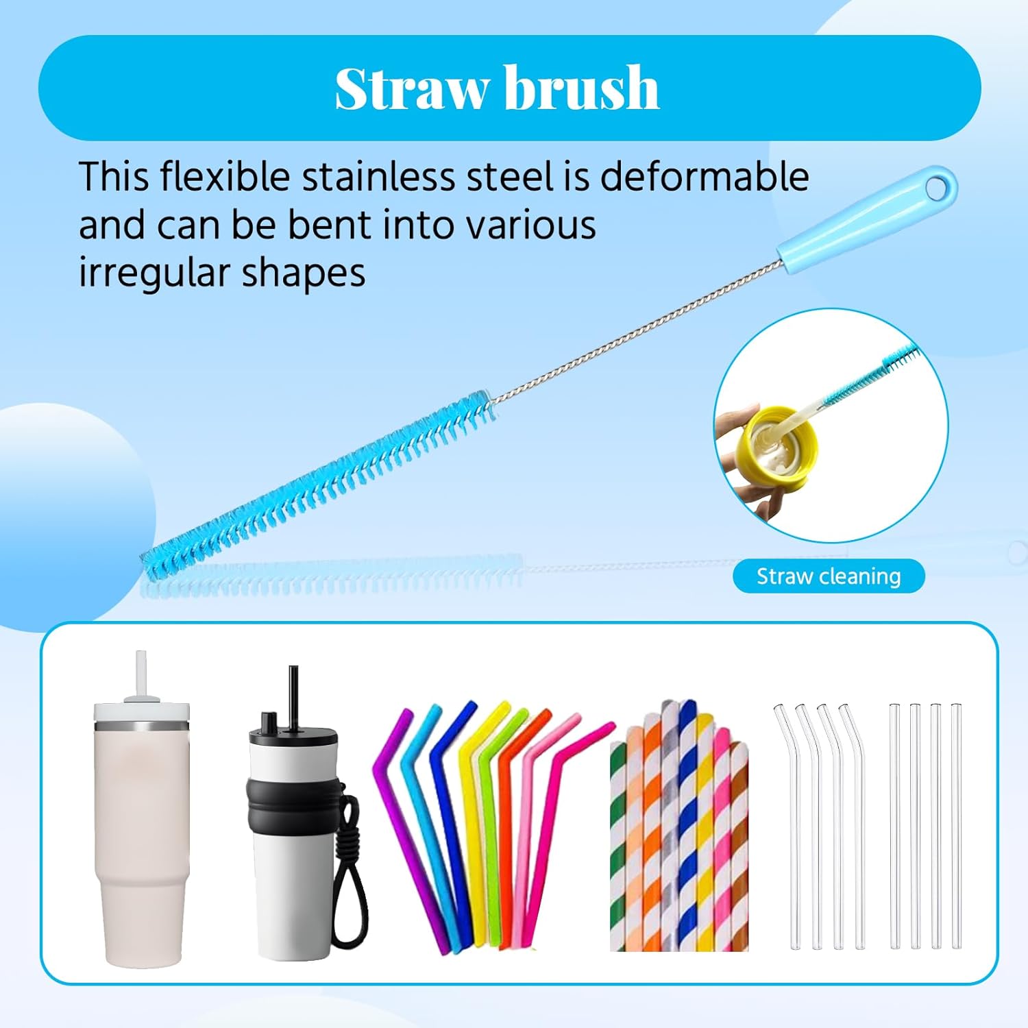 4-in-1 Bottle Brush, 15 in Water Bottle Brush & Straw Cleaner Brush,Lid Brushe,Bottle Cleaning Brush for Water Bottle, Flask,Wine Decanters,Straws-Blue