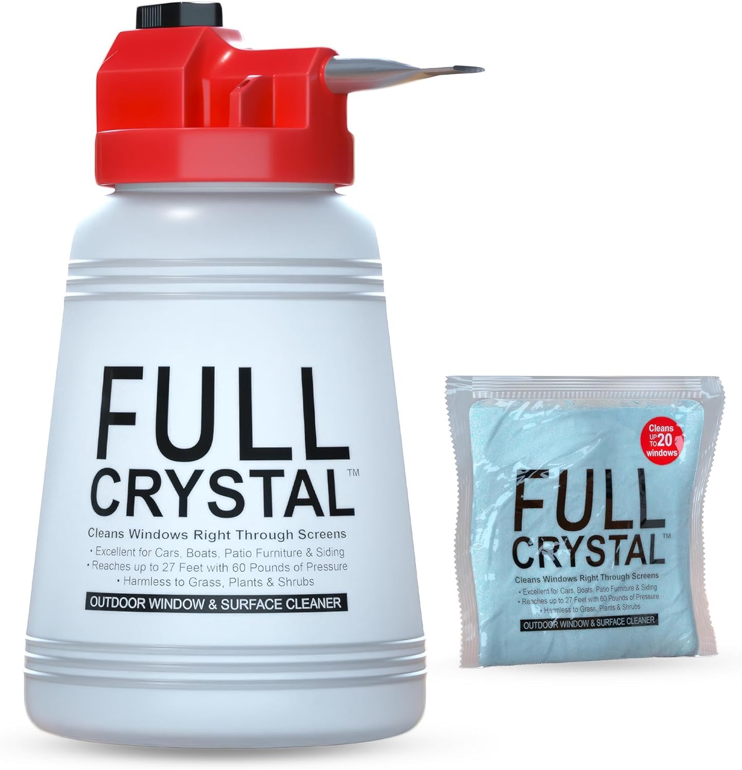 Full Crystal Window Cleaning Kit- 4 oz Glass Cleaner and Bottle with 27ft Reach will clean up to 20 Windows- Scrub Free, Rinse Free Glass Cleaner Spray Removes Dirt, Grime and Water Deposits