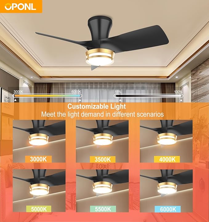 30" Black low profile Ceiling Fan with Light, with Gold Trim Ring, Large Air Volume, flush mount ceiling fan for Bedroom Kitchen Dining room Patio