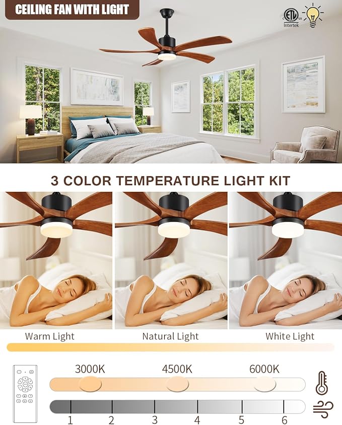 60 Inch Ceiling Fans with Lights Remote Control, Modern Ceiling Fan 5 Blades Wood Fan for Outdoor, 3 Downrods, ETL Listed, Timer, 6 Speeds Reversible Quiet Dc Motor for Patios, 60in Yellow Walnut