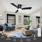 42 Inch Ceiling Fans Black Lights and Remote,White Low Profile Ceiling Fan with Light,Flush Mount,Reversible,6 Speeds,3CCT Dimmable,for Bedroom,Living Room,Indoor Patio