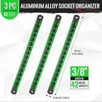Magnetic Socket Organizer, 3-Piece Heavty Duty Aluminum Socket Holder, Socket Rail for Tool Box, Premium Quality 360° Swivel Socket Rack with 42 Clips for 3/8-Inch(Green)