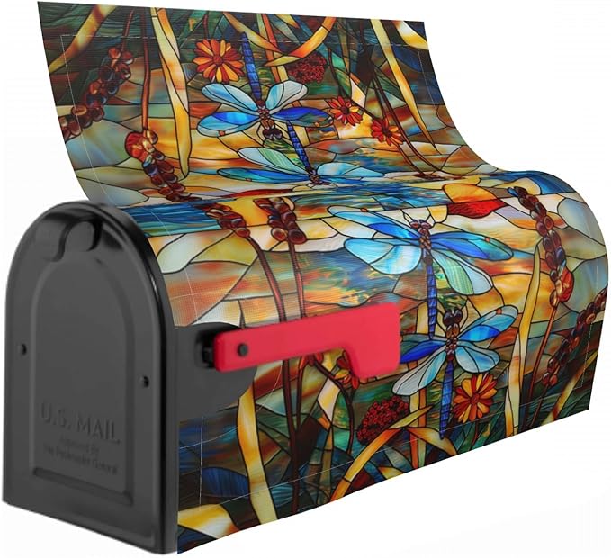Stained Glass Dragonfly Mailbox Covers Magnetic Fall Mail Box Post Wrap Standard Size 18 X 21 Floral Spring Summer Mailing Boxes Seasonal Decorations for Autumn Thanksgiving Decor