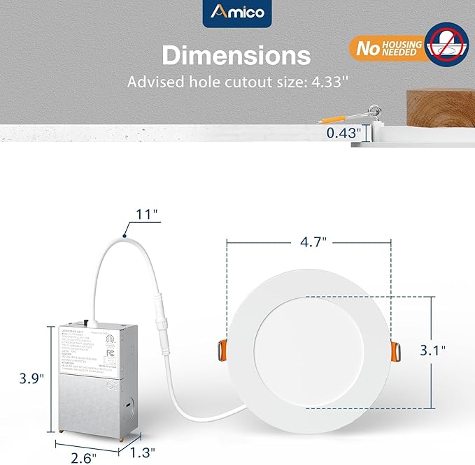 Amico 24 Pack 4 Inch 5CCT Ultra-Thin LED Recessed Ceiling Light with Junction Box, 2700K/3000K/3500K/4000K/5000K Selectable, 800 Lumens, Dimmable Canless Wafer Downlight, 10W Eqv 60W-ETL&FCC