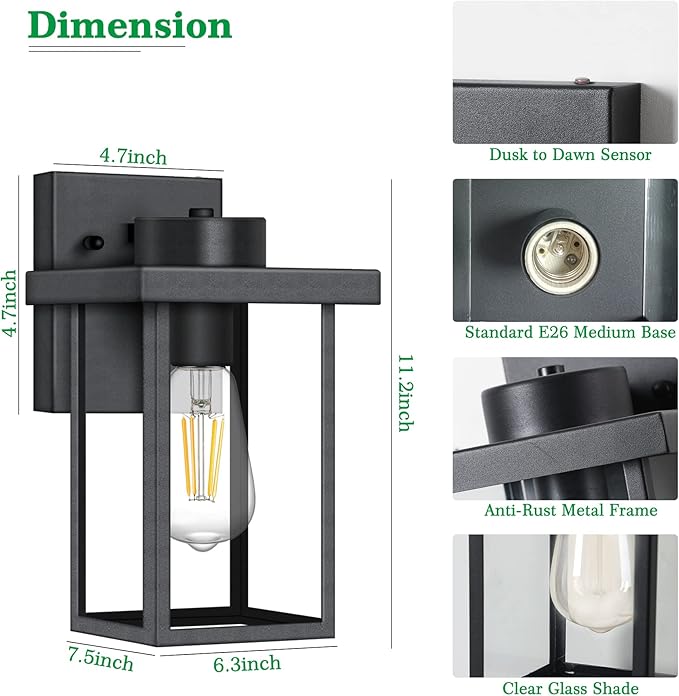 tewei Outdoor Lights for House, 11IN Black Exterior Light Fixtures Anti-Rust Waterproof Outdoor Wall Lantern, Outside Wall Sconce with Clear Glass Shade for Garage, 2 Pack