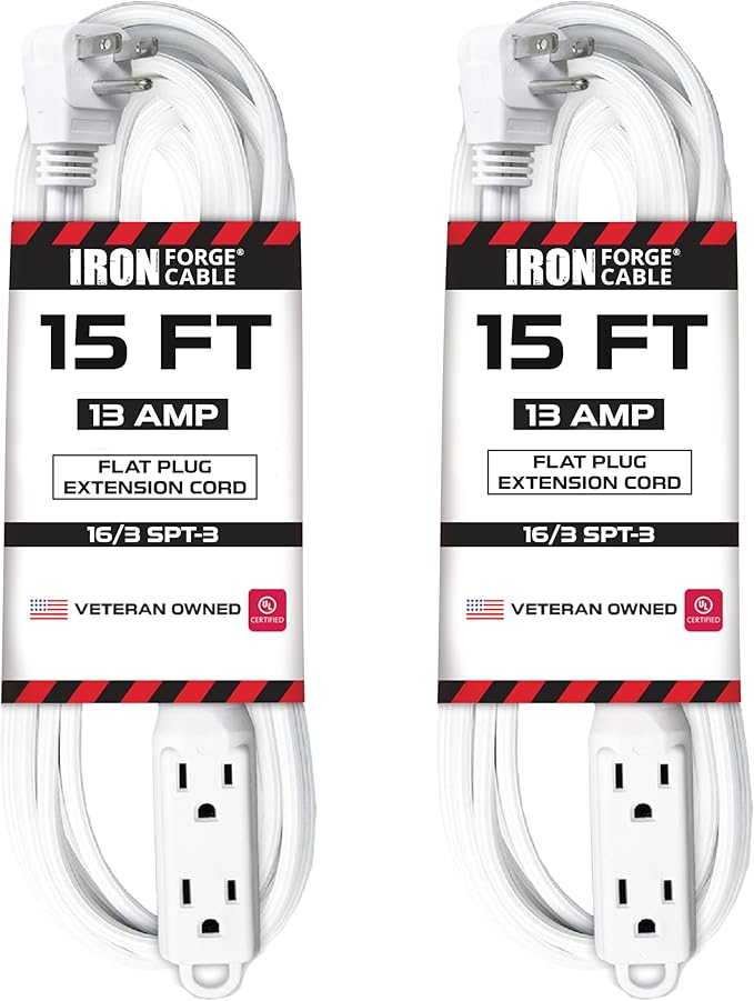 Iron Forge Cable 2 Pack 15 ft Flat Plug White Extension Cord with 3 Outlets - 16/3 SJTW 3 Prong Indoor Extension Cord with Multiple Outlets