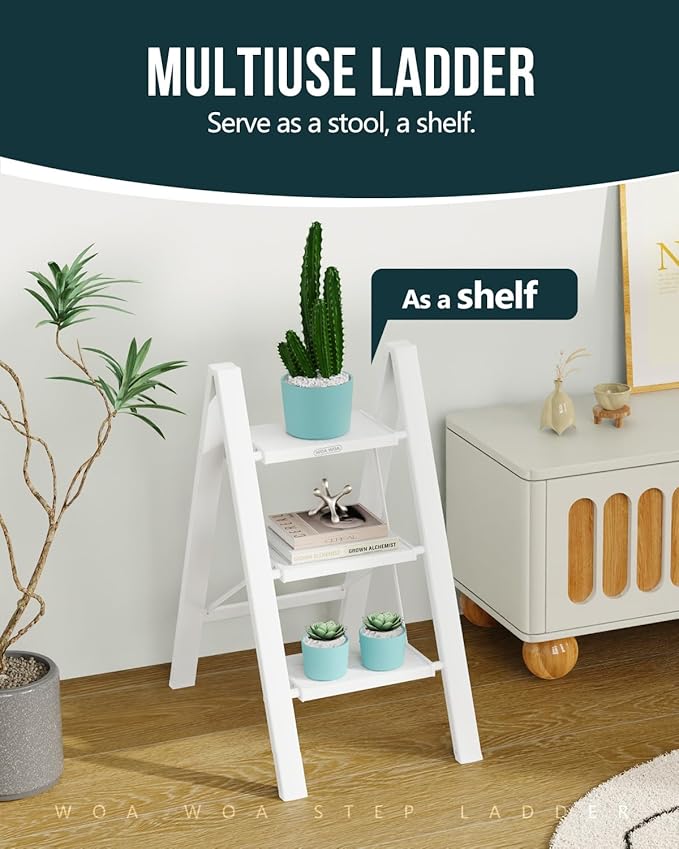 WOA WOA Step Ladder, Widen Pedals Folding Step Stool with Anti-Slip Foot, Portable Lightweight Aluminum Ladder, Household Stepladder for Kitchen, Fold Thin & Space Save, 300 lbs Load (3 Step, White)