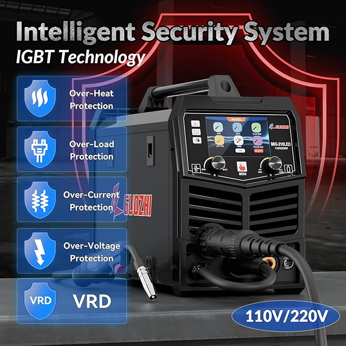 GZ GUOZHI MIG Welder 210A with Pulse, 8 in 1 Gas MIG/MAG/Gasless Flux Core MIG/Lift TIG/Stick/Spot Welding/Spool Gun, Aluminum Welding Machine 110V/220V Dual Voltage Multi-Process Welder LED Display