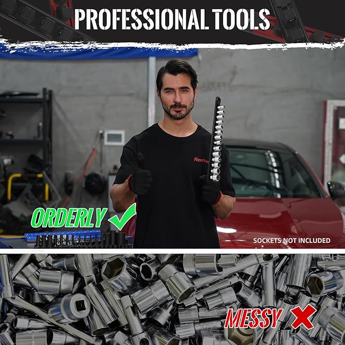 Magnetic Socket Organizer, 3-Piece Heavty Duty Aluminum Socket Holder, Socket Rail for Tool Box, Premium Quality 360° Swivel Socket Rack Kit with 40 Clips for 1/2, 3/8, 1/4-Inch(Black)