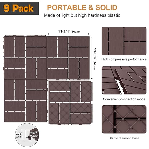 Goovilla Plastic Interlocking Deck Tiles, 9 Pack Outdoor Patio Flooring, 12"x12" Interlocking Decking Tile Outdoor All Weather Use, Waterproof Patio Pavers for Pool Balcony Backyard Porch, Dark Brown