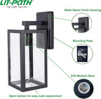 LIT-PaTH Outdoor Wall Lantern, Wall Sconce as Porch Lighting Fixture, E26 Medium Base Max 60W, Anti-Rust Metal with Glass Shade, Black, 2-Pack