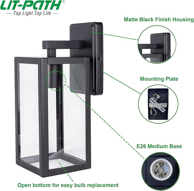 LIT-PaTH Outdoor Wall Lantern, Wall Sconce as Porch Lighting Fixture, E26 Medium Base Max 60W, Anti-Rust Metal with Glass Shade, Black, 2-Pack