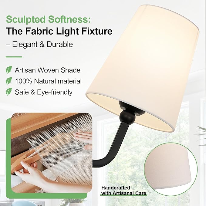 Bathroom Light Fixtures, 3-Light Matte Black Vanity Lights, Bathroom Lighting Fixtures Over Mirror with Flared White Fabric Shade, Modern Wall Sconces for Living Room Hallway