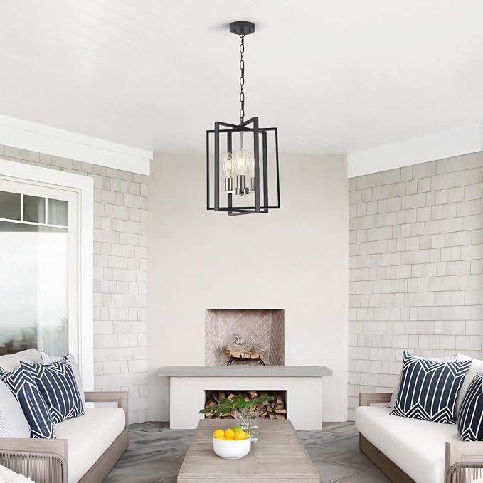 Modern Farmhouse Chandelier for Dining Room, 3 Light Black and Nickel Entryway Light Fixture Adjustable Pendant Lights Kitchen Island Rustic Hanging Chandelier for Foyer Living Room Hallway Bedroom