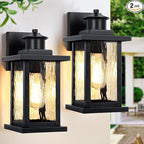 12'' Outdoor Light Fixture 2 Packs, Outdoor Wall Lights Exterior Wall Sconce with Water Ripple Glass, Waterproof Porch Light Lantern Wall Mounted, Modern Black Outside Lights for House Patio Garage