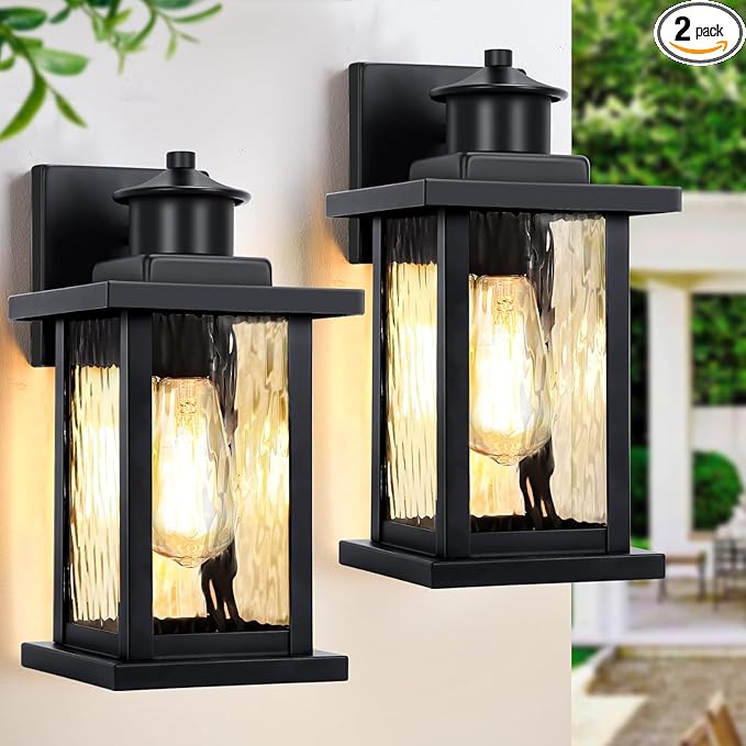12'' Outdoor Light Fixture 2 Packs, Outdoor Wall Lights Exterior Wall Sconce with Water Ripple Glass, Waterproof Porch Light Lantern Wall Mounted, Modern Black Outside Lights for House Patio Garage