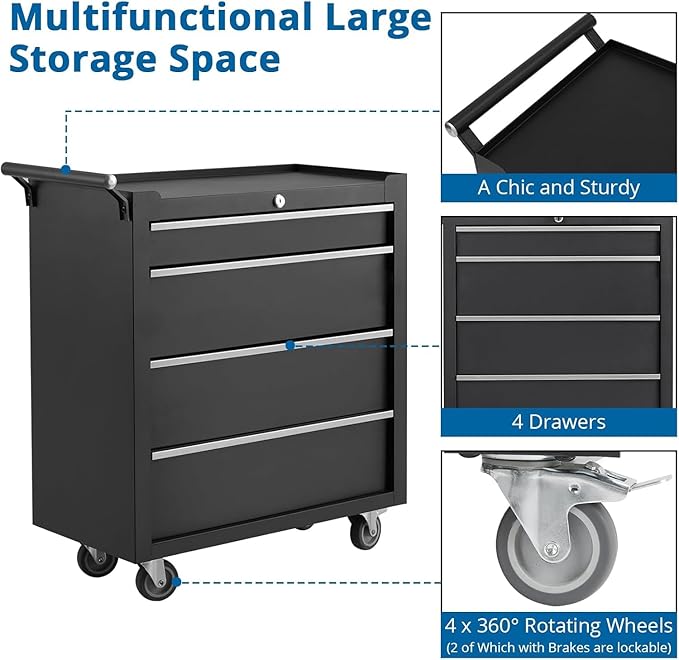 Garvee Rolling Tool Chest, 4 Drawers Tool Storage Cabinet, Toolbox with Wheels, Portable Tool Cabinet Organizer with Locking System & Drawer Liners, Tool Storage Cart for Garage, Workshop, Black