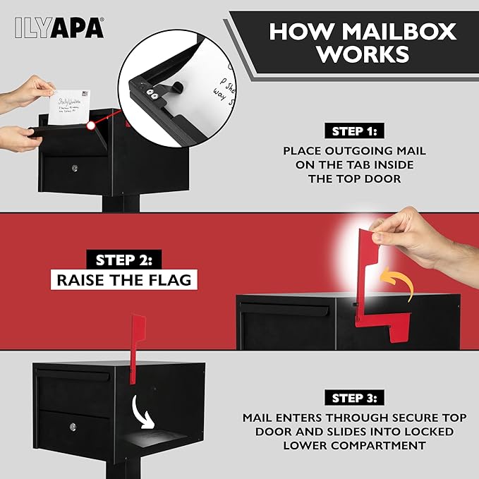 Ilyapa Locking Mailbox for Outside with Lock & Key - Modern Mailboxes for Outside Post Mount, Black Powder Coated Steel Heavy Duty Curbside Mail Box