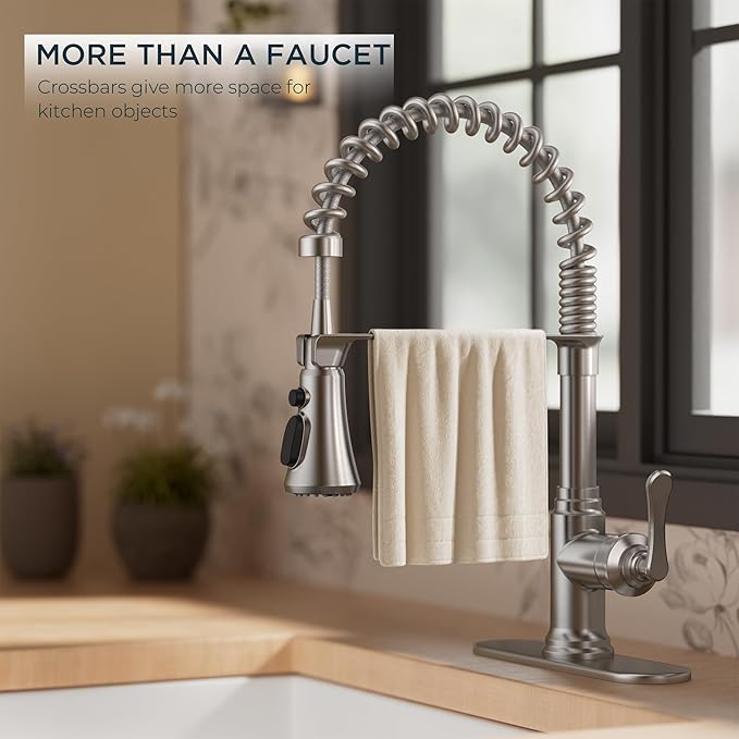 FORIOUS Rustic Kitchen Faucet with Pull Down Sprayer Brushed Nickel, 3 Modes Stainless Steel High Arc Vintage Spring Sink Faucet 1 or 3 Holes for Pot Filler, Farmhouse Camper Wet Bar