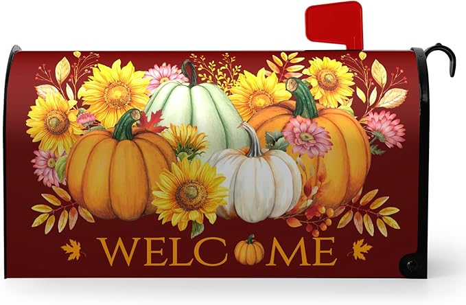 Fall Autumn Pumpkin Mailbox Cover Magnetic Yellow Sunflower Maple Leaves Mailbox Cover Large Size 25.5 X 21 Inch Thanksgiving Welcome Post Box Covers Wraps Home Garden Decor for Outdoor