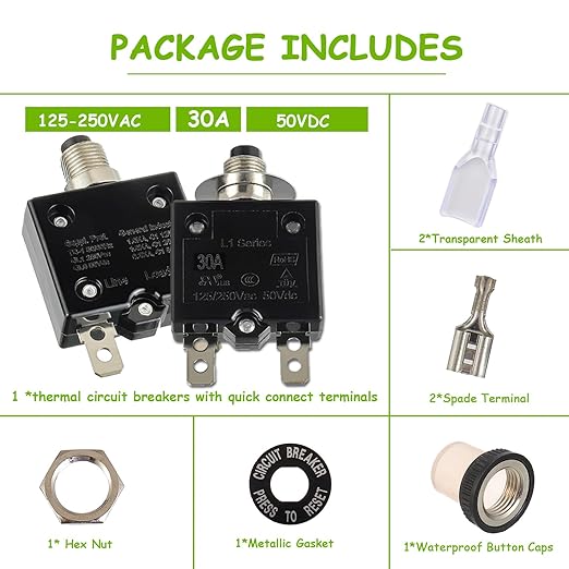 30A Manual Reset Push Button Circuit Breaker 125/250V AC 50V DC Thermal Overload Protector with Quick Connect Terminals and Waterproof Button Caps Assortment Kit(Pack of 1 pcs)