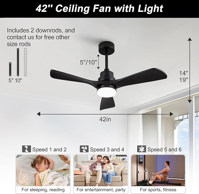 42 Inch Black Ceiling Fans with Lights and Remote Control,Dimmable LED Light,3 Wood Blades,Memory Function,Reversible DC Motor,Modern Indoor Outdoor Ceiling Fan for Bedroom Patios Office