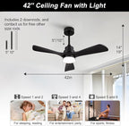42 Inch Black Ceiling Fans with Lights and Remote Control,Dimmable LED Light,3 Wood Blades,Memory Function,Reversible DC Motor,Modern Indoor Outdoor Ceiling Fan for Bedroom Patios Office